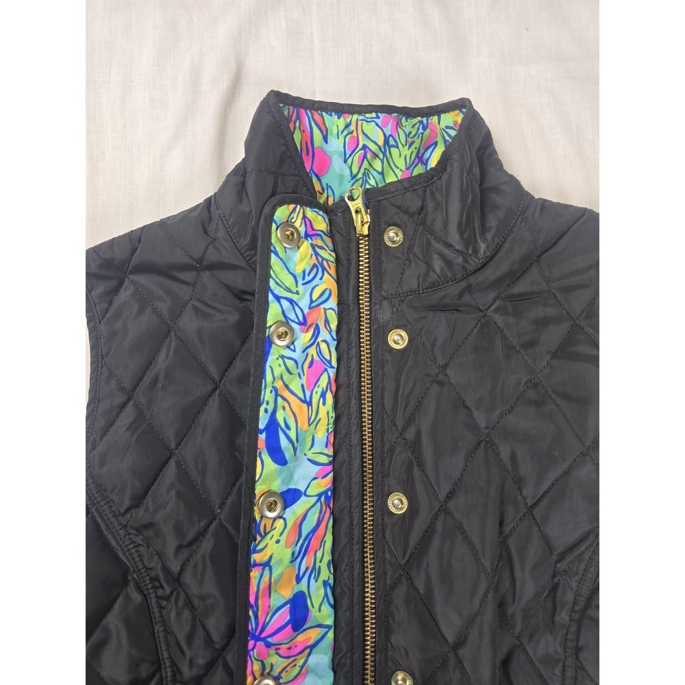 Lilly Pulitzer Vest Womens XS Black Quilted Zip Floral Lined Gold Snaps Pockets